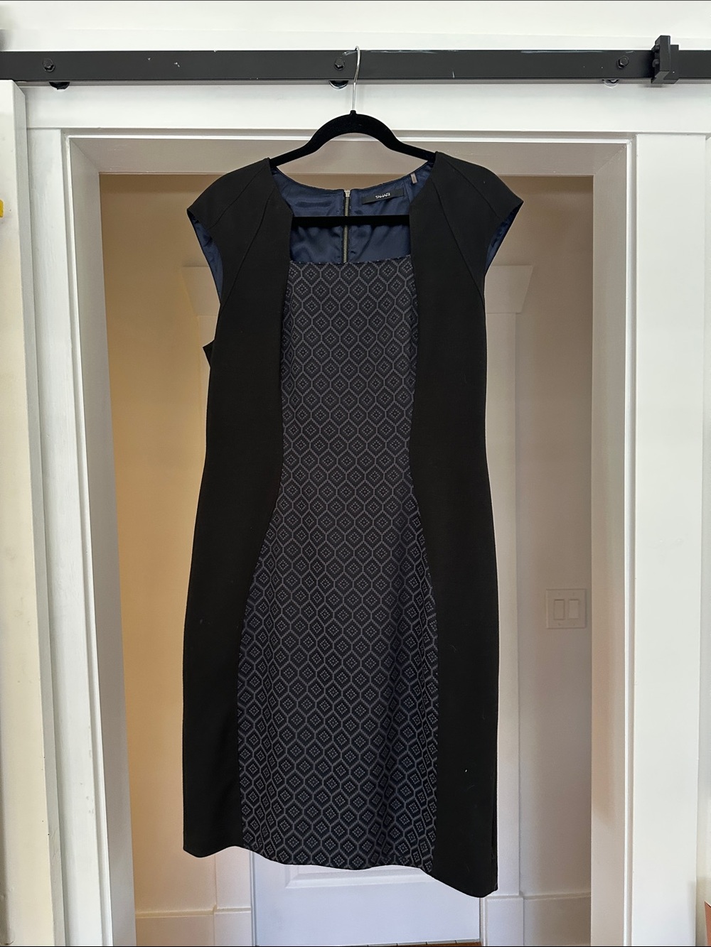 Tahari Black Dress with Navy Geometric Panel